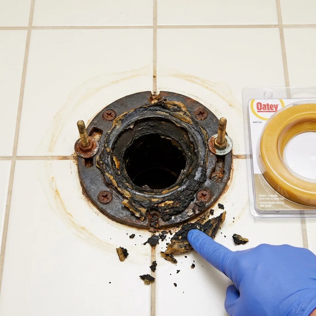 Failed wax ring showing water seepage at the base of a toilet in a Princeton, MN home