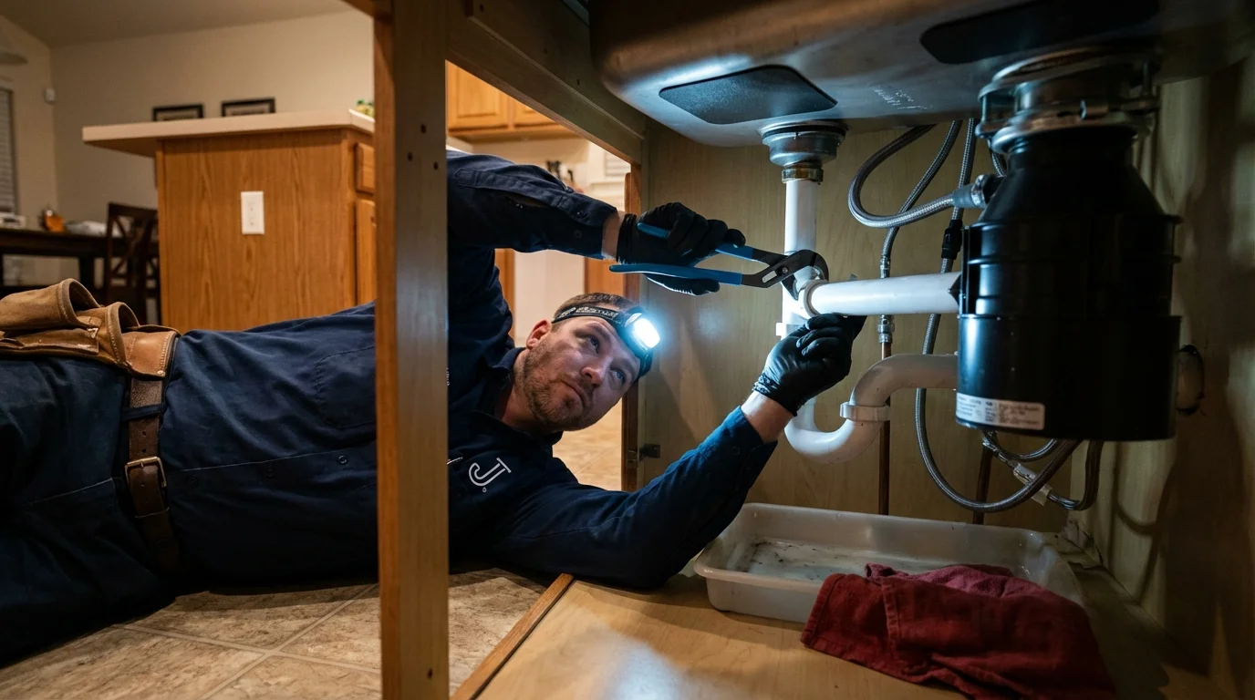 P-trap and supply line connections under a kitchen sink showing a common leak point in Princeton, MN
